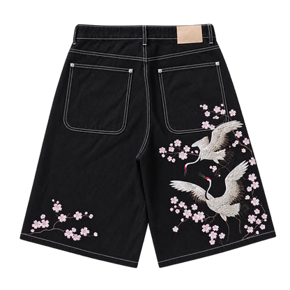 Crane / Sakura — Black — Denim Shorts — Back