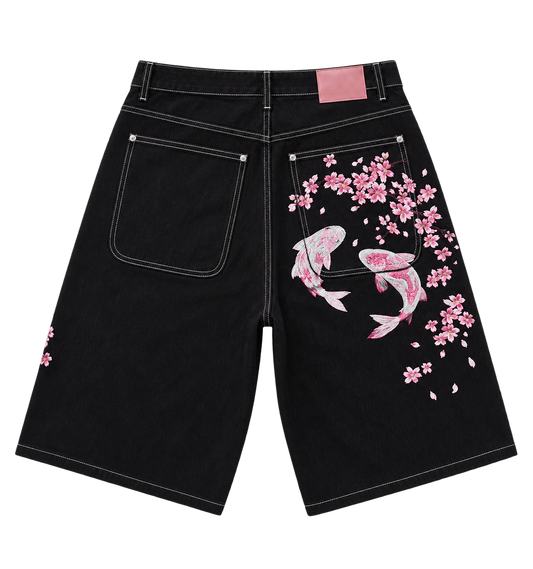 Koi / Sakura — Black — Denim Shorts — Back