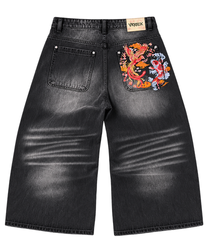 Phoenix / Koi Pocket — Washed Black — Denim Shorts — Back