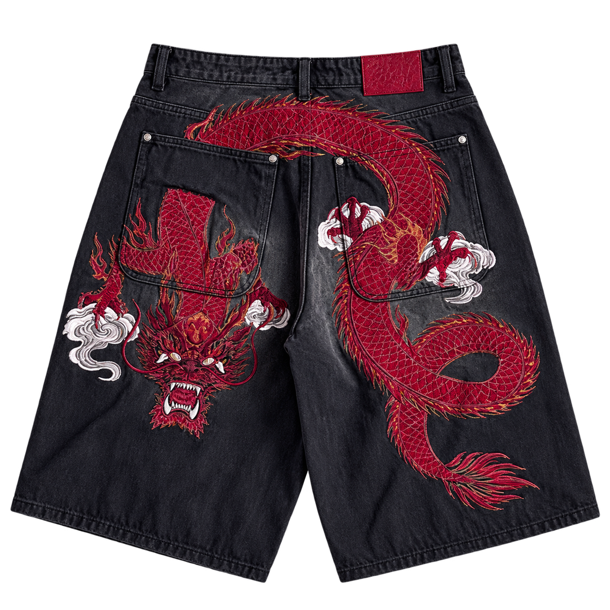Red Dragon — Black — Denim Shorts — Back
