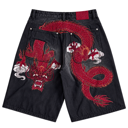 Red Dragon — Black — Denim Shorts — Back