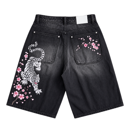 Tiger / Sakura — Washed Black — Denim Shorts — Back