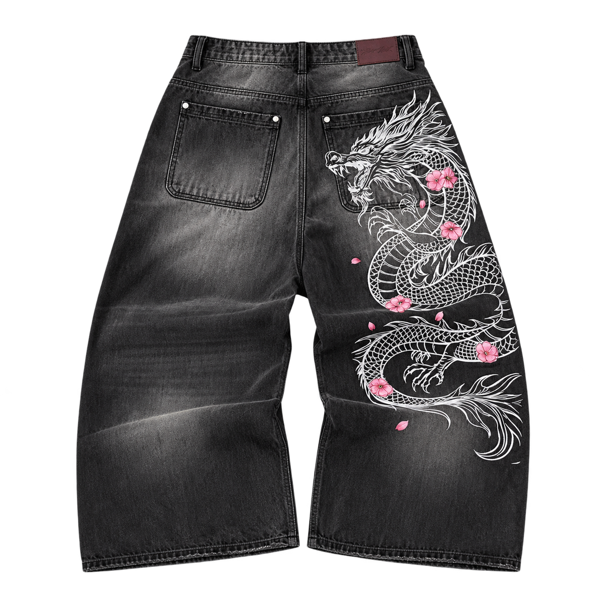 White Dragon / Sakura — Washed Black — Denim Shorts — Back