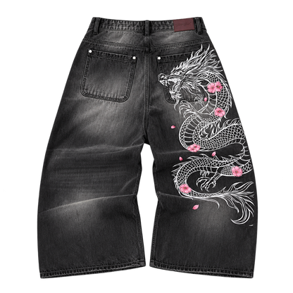White Dragon / Sakura — Washed Black — Denim Shorts — Back
