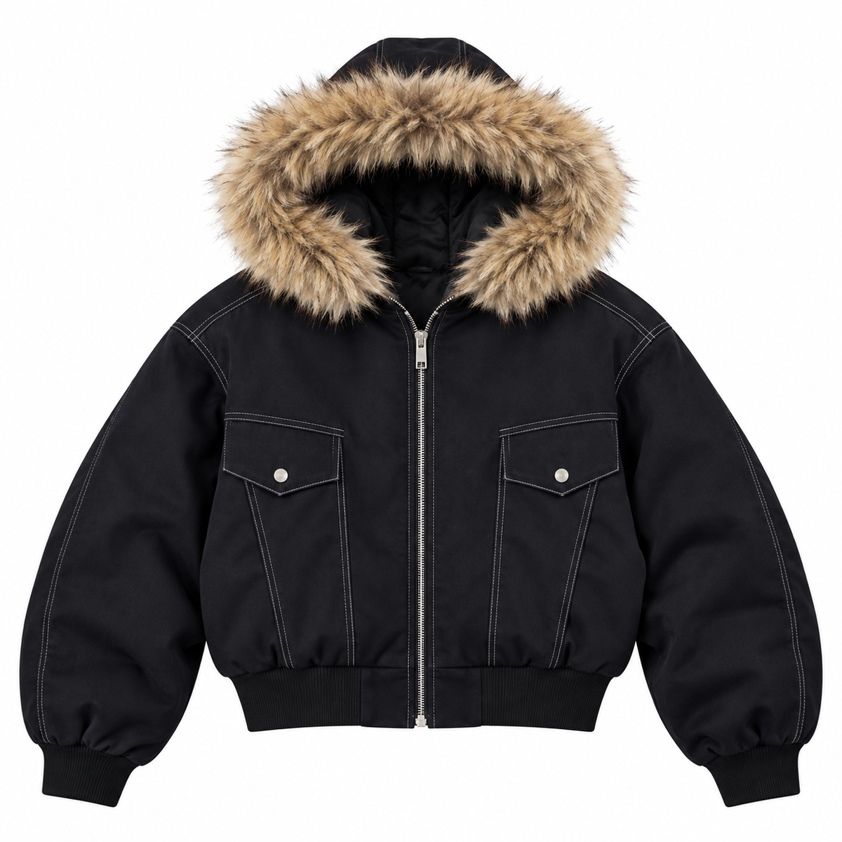 Black — Fur Trim Hooded Jacket — Front