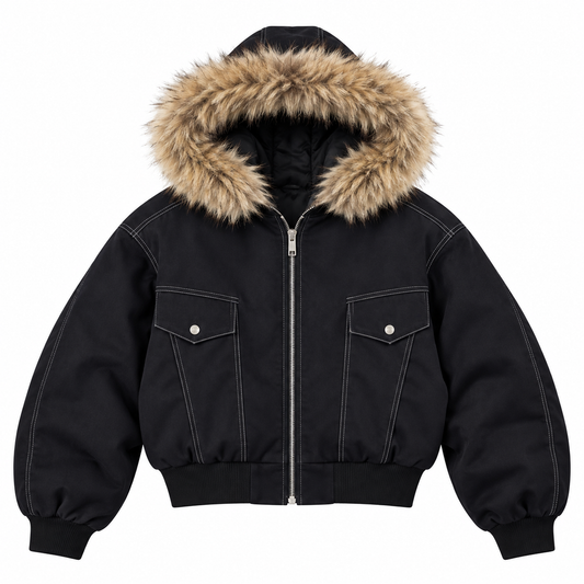 Black — Fur Trim Hooded Jacket — Front