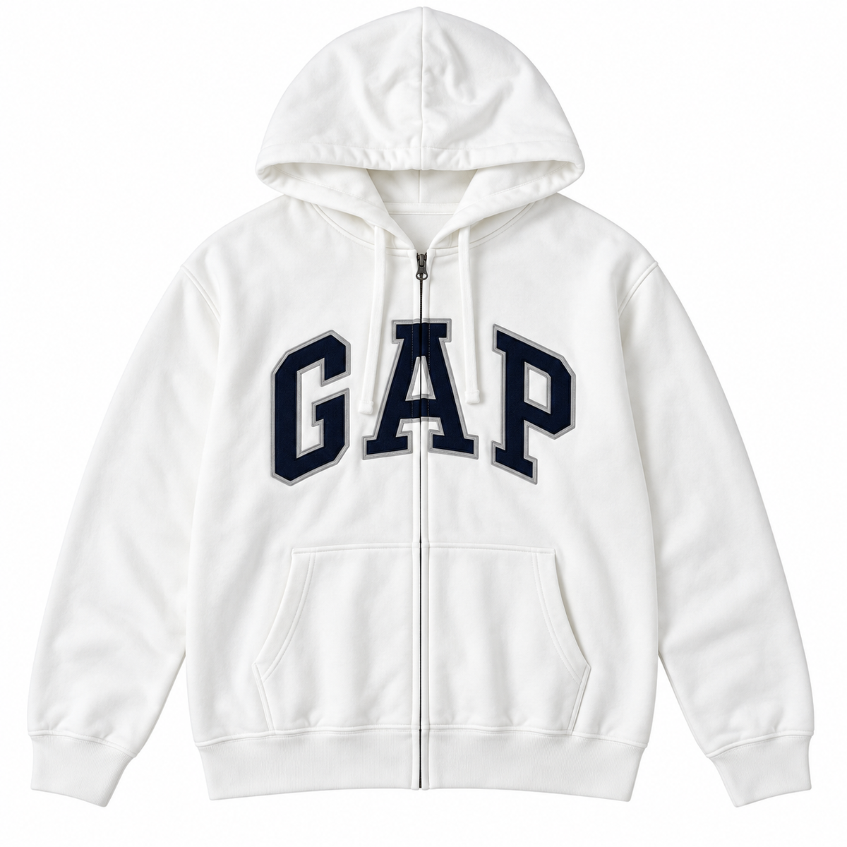 White / Navy Logo Zip Hoodie — Front