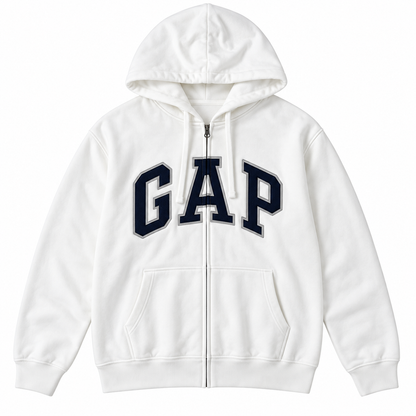 White / Navy Logo Zip Hoodie — Front