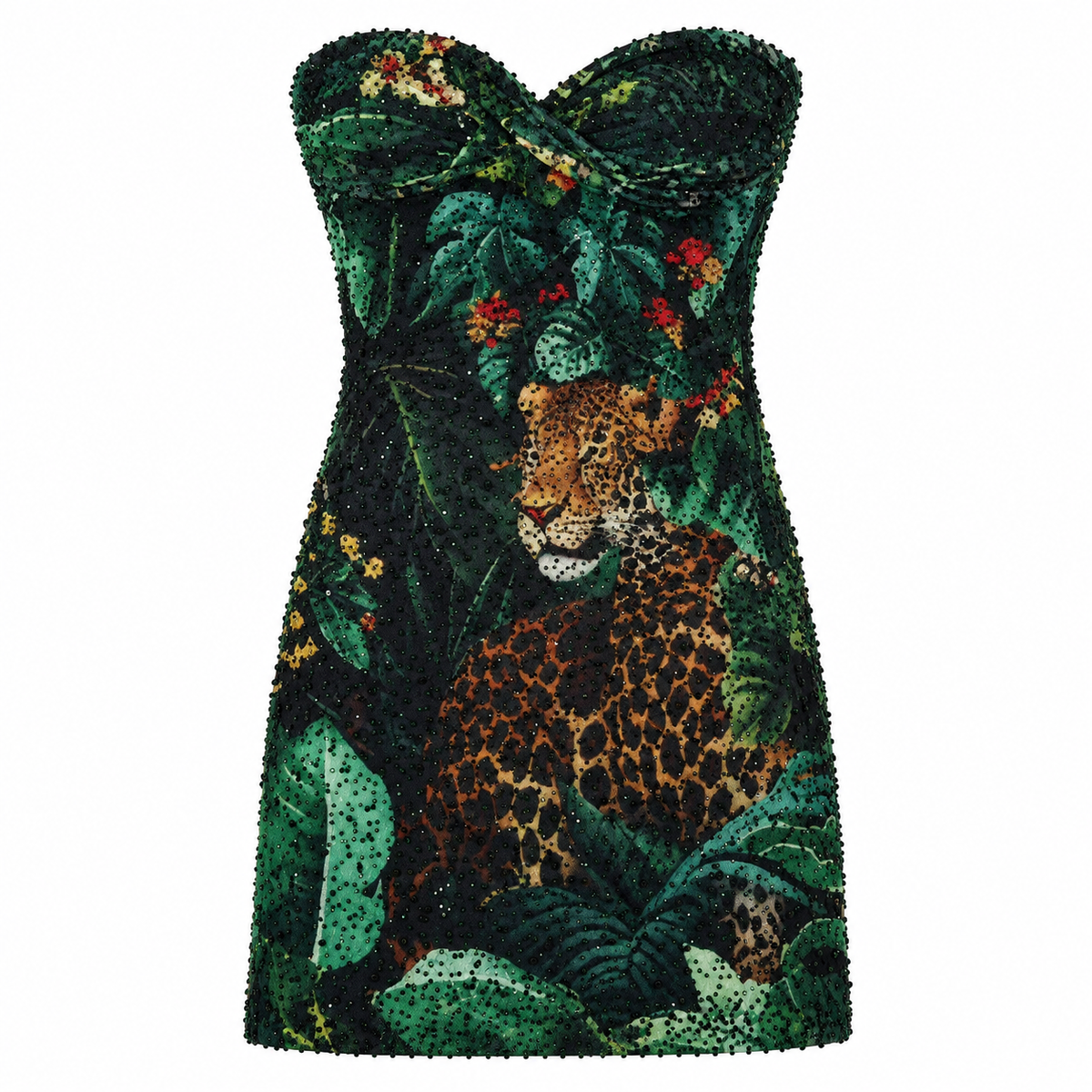 Green Jungle Jaguar — Beaded Mini Dress — Front