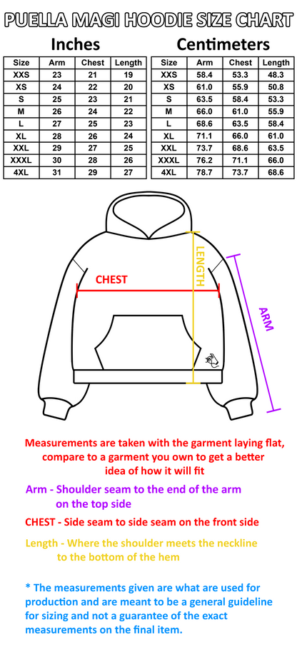 Madoka Magica Hoodies - Pink/Lavender size chart