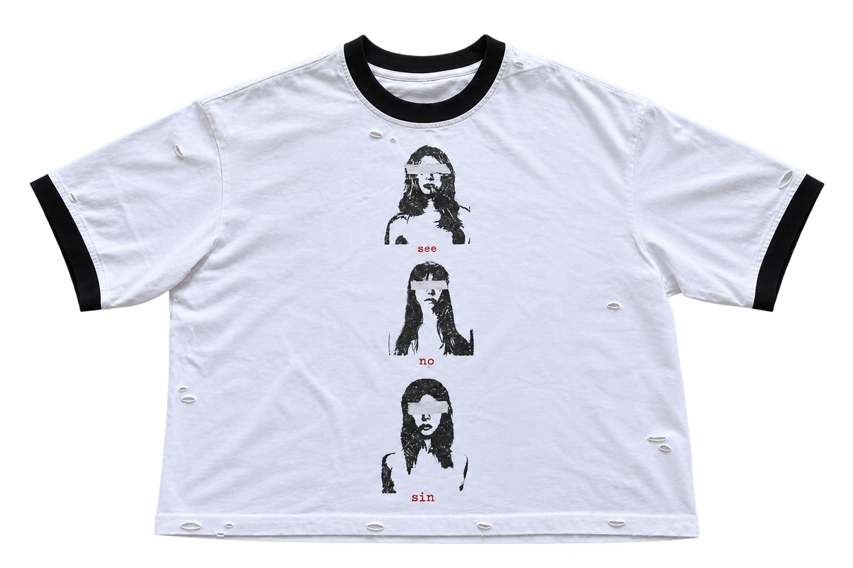 White / Black — See No Sin Ringer Tee | front