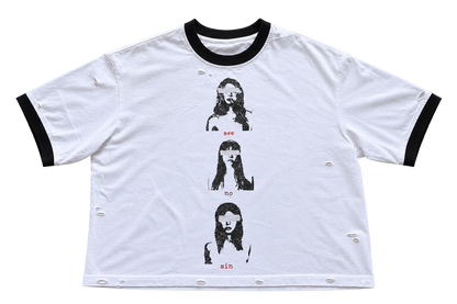 White / Black — See No Sin Ringer Tee | front