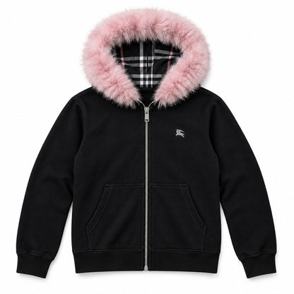 Black Pink Fur Hood — studio front view